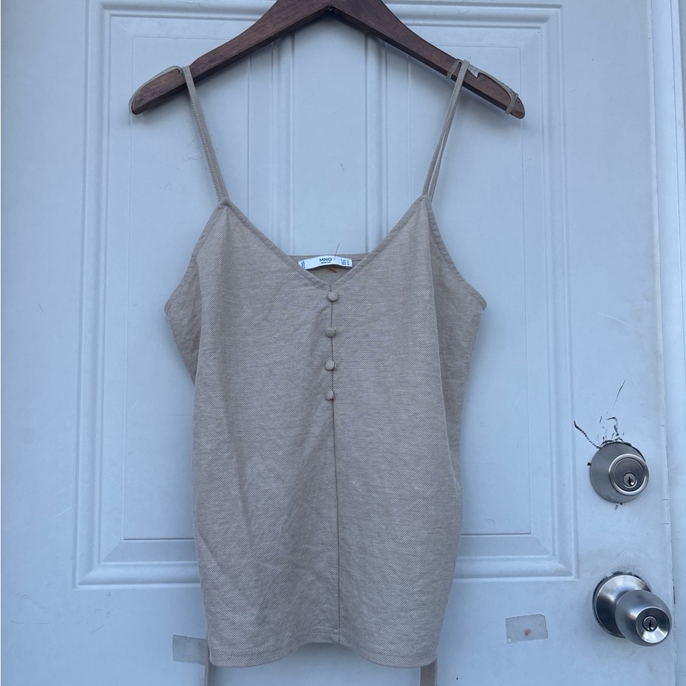 Mango Neutral Beige Spaghetti Strap Camisole with Front Covered Buttons